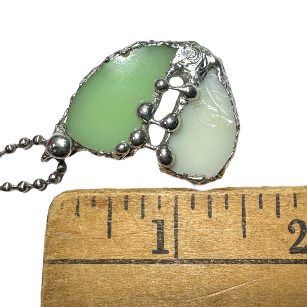 Vaseline Glass “Mended” Heart Pendant Bezel Artisan Crafted Glowing Glass - Picture 14 of 17